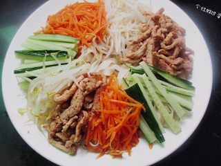 Arrange the cucumber, carrot, bean sprouts, shredded pork, and other toppings over the noodles.