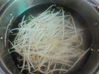 Bring a pot of water to a boil. Blanch the mung bean sprouts until cooked, then remove them.
